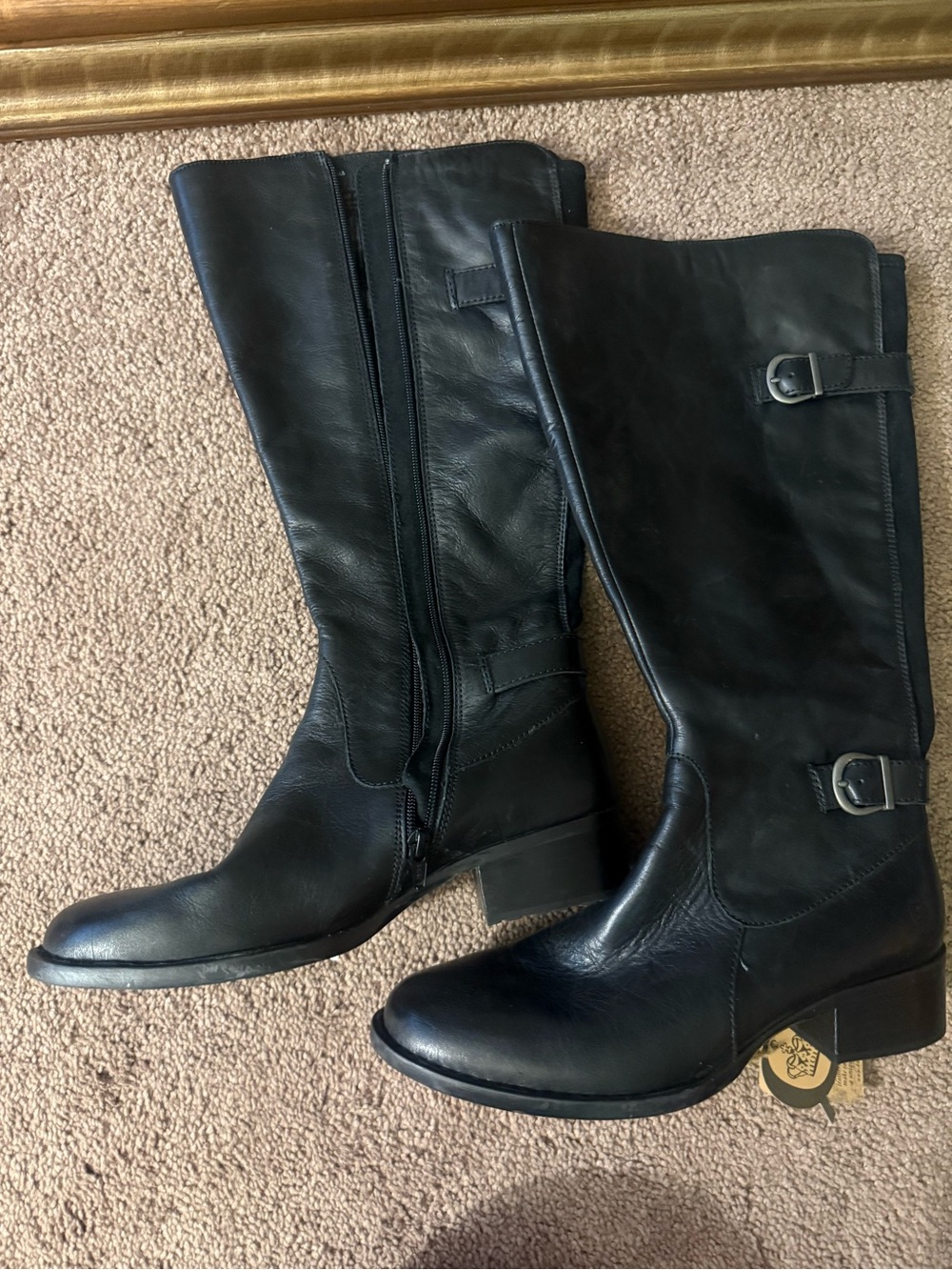 Born Black Leather Mid-Heel Knee Boots with Buckle Detail wide calf